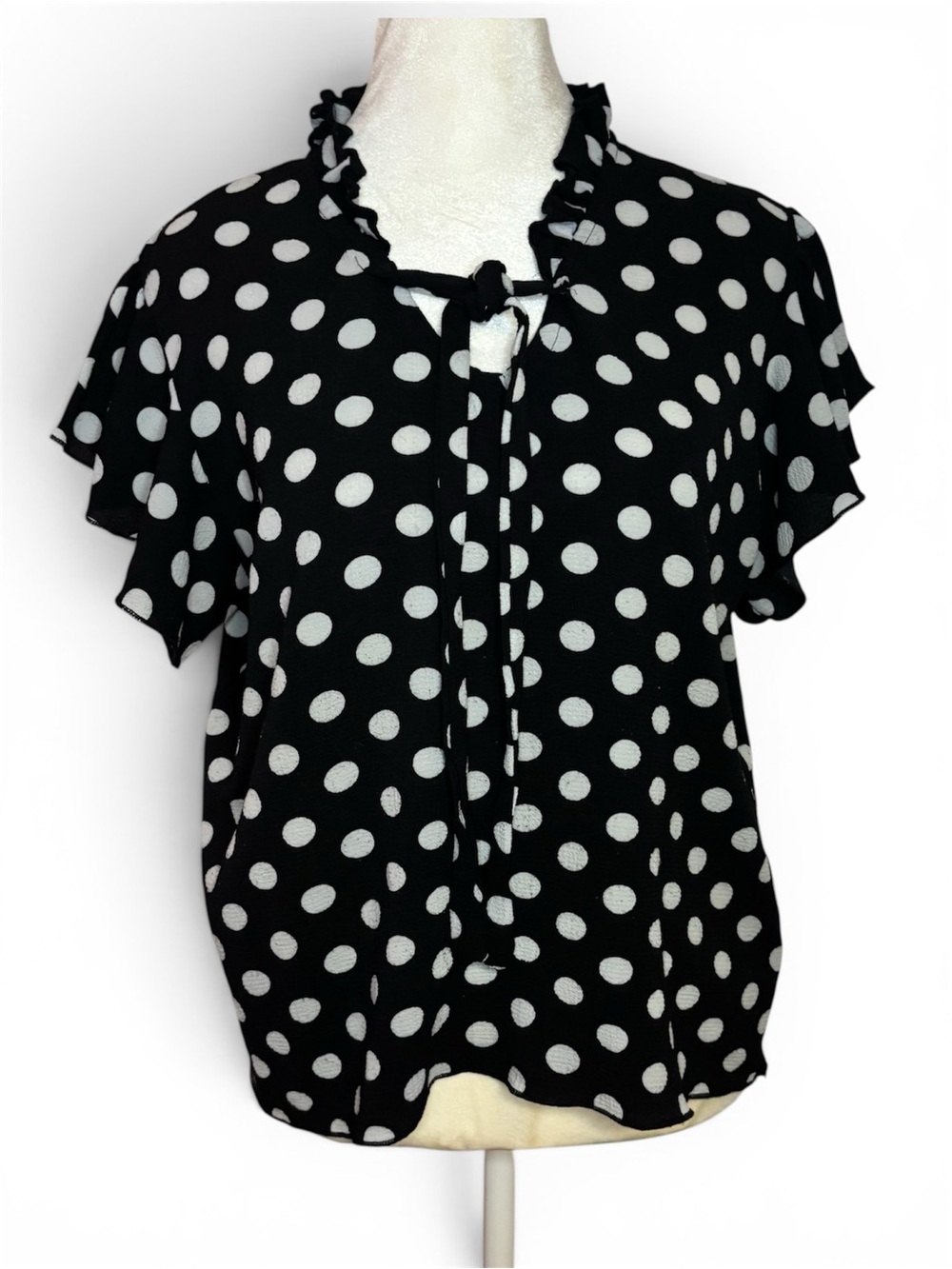 Vintage Black and White Polka Dot Ruffle Tie-Neck Women's Top- Made in USA